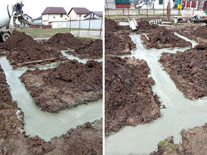 Maison sur une structure métallique avec rez-de-chaussée et étage, coulée de béton pour la semelle de fondation thumbnail