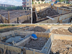 Coffrage, coulée de béton des poutres et compactage du sol et du ballast pour la fondation thumbnail