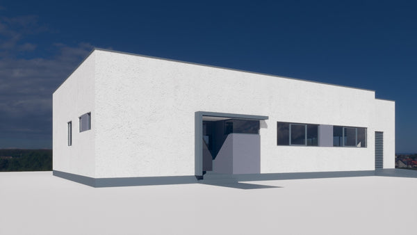 Concept arhitectural hala metalica 240 mp cu volum compact si acces functional