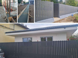 Construction d'un mur de clôture en béton avec des lattes métalliques gris anthracite, portes et allée piétonne thumbnail