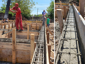 Construction d'une maison de plain-pied, coulée de béton dans les poutres de fondation thumbnail
