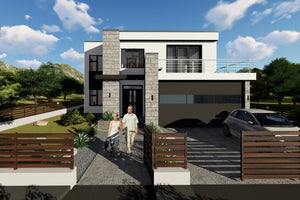 Maison à Ossature Métallique Avec Grand Garage Toit Plat 062 - photo facade maison 4 thumbnail