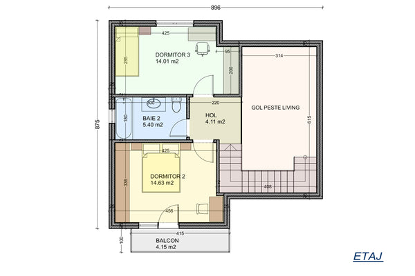 Maison Ossature Métallique Avec Étage Terrasse et Balcon 106 - Image Plan de l'étage de la maison