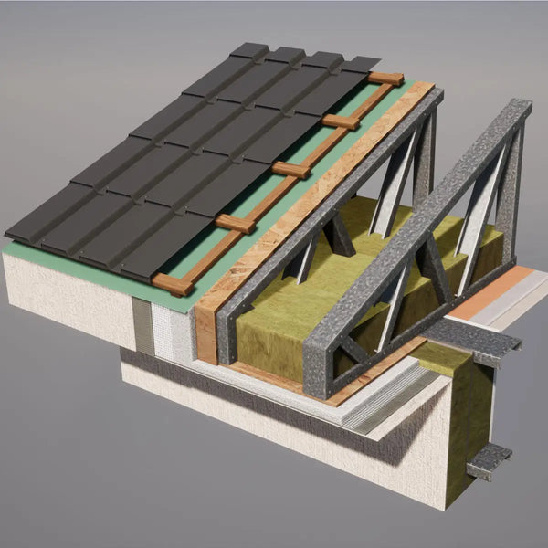 Illustration of a cross-section of a building roof. It shows layers including black tiles, wooden beams, green insulation, and metal trusses.