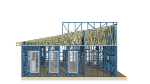 Montage en cours de la structure métallique pour 2 maisons de plain-pied de 122 mètres carrés chacune thumbnail
