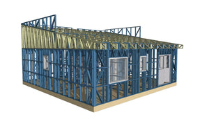 Montage en cours de la structure métallique pour 2 maisons de plain-pied de 122 mètres carrés chacune thumbnail