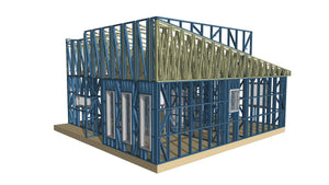 Montage en cours de la structure métallique pour 2 maisons de plain-pied de 122 mètres carrés chacune thumbnail