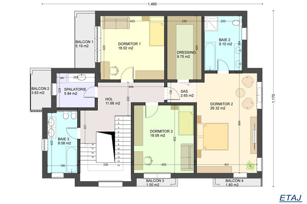 Projet de Maison Ossature Métallique 5 chambres 300m2 ID 117 - plan de l'étage de la maison