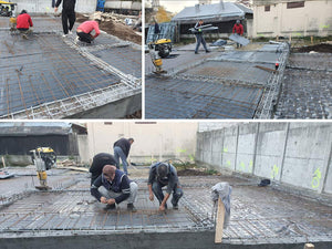 Couche de gravier, d'isolant en polystyrène et d'armature en treillis pour la fondation d'une maison métallique thumbnail