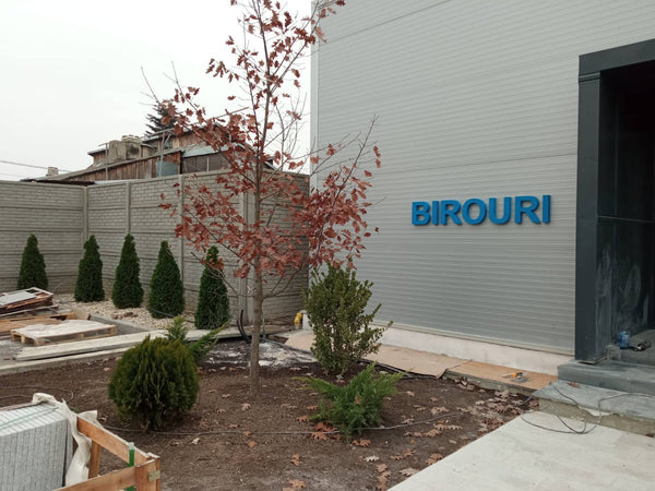 Vedere frontala hala metalica spatii birouri cu inchideri exterioare finalizate