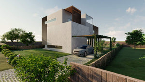 vedere lateral stanga 3D casa pe structura usoara cu acoperis plat 420mp thumbnail