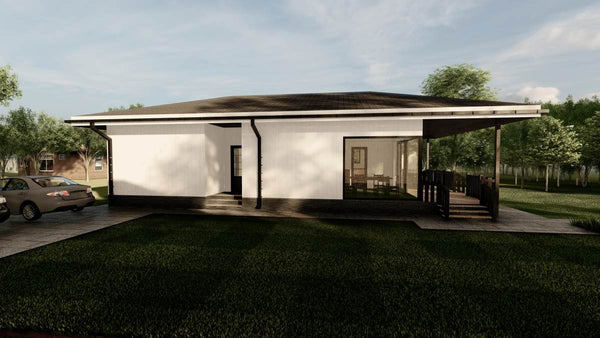 Vizualizare 3D solutie fatada principala si amenajari exterioare casa structura usoara