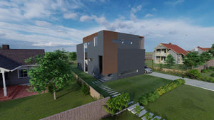 vizualizare arhitecturala 3d fatada posterioara casa din otel zincat cu 2 etaje si demisol thumbnail
